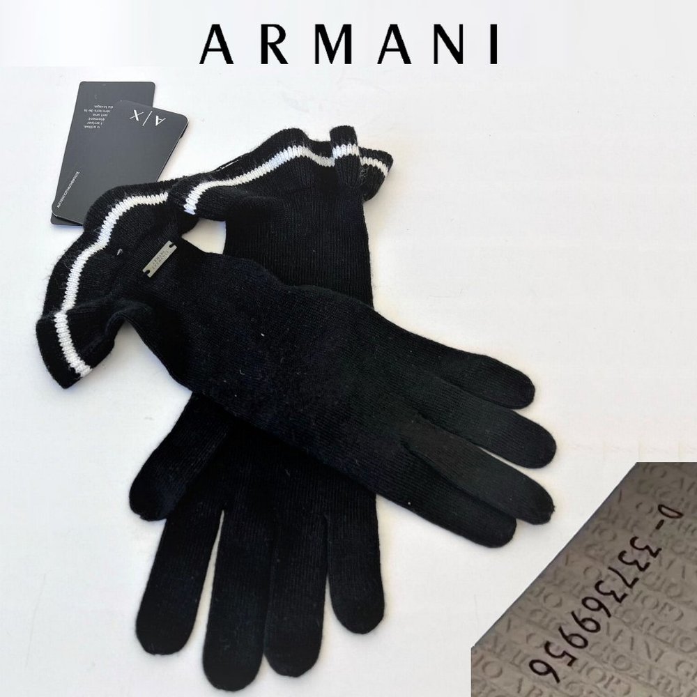 Authentic Armani Exchange Black Knit Ruffle Cuff Gloves with White Stripe